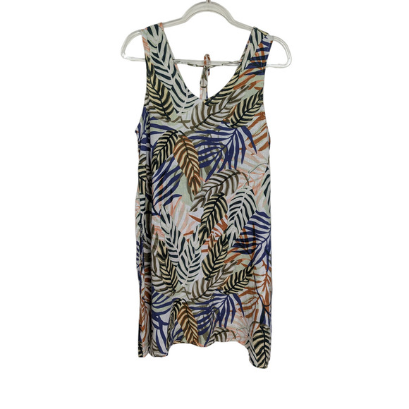 Tahari Dress Womens Medium Linen Sleeveless Leaf Print Summer Tropical V Neck - Picture 1 of 10
